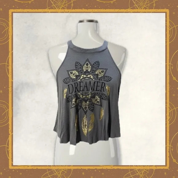 Rue21 Dreamer Graphic Crop Tank Top Medium Y2K Boho Flowy Gray Festival - Picture 2 of 8